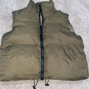 Olive Green Puffer Vest with Black Zipper